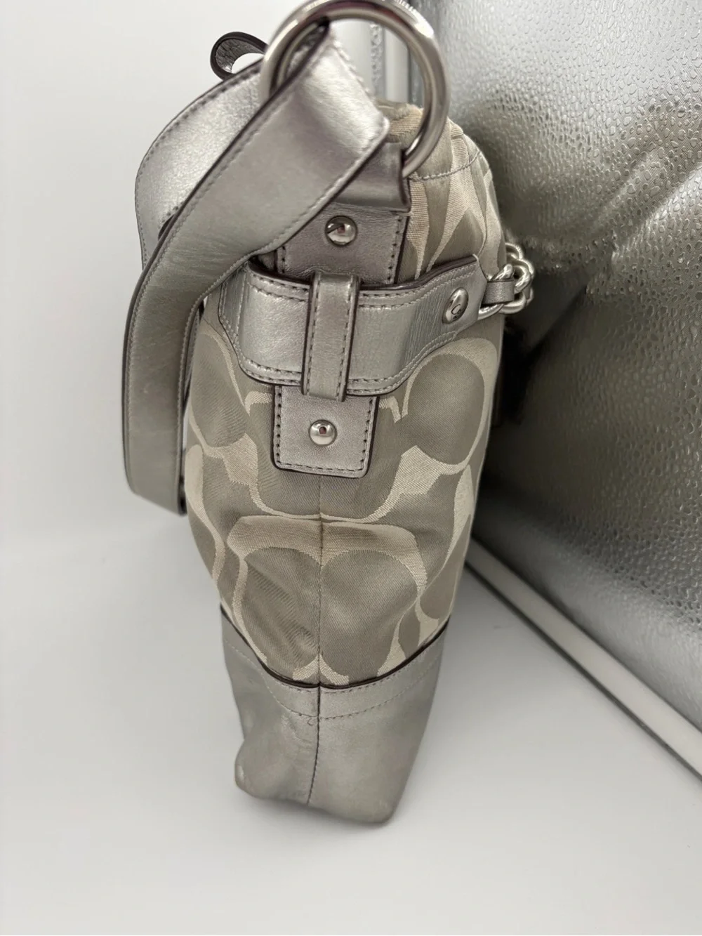 Coach Silver and Gray Signature Chain-Trim Shoulder Bag